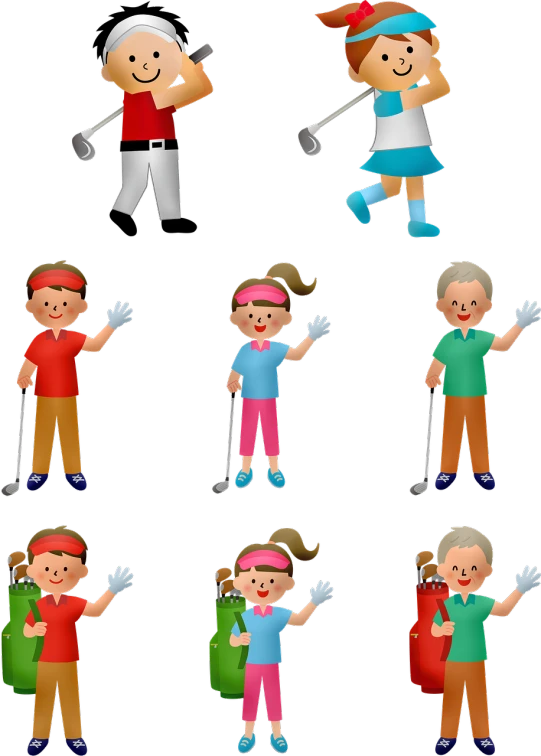 a group of people standing next to each other, by Tadashi Nakayama, trending on pixabay, figuration libre, wearing golf shorts, game icon asset, on black background, families playing