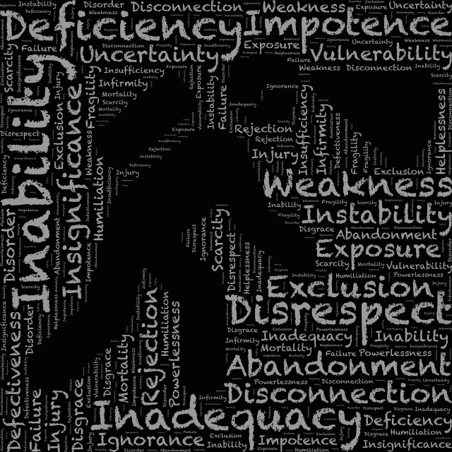 a person standing in the middle of a word cloud, a portrait, by mckadesinsanity, trending on pixabay, excessivism, hopelessness, injured, dominant shades of black, ribbon