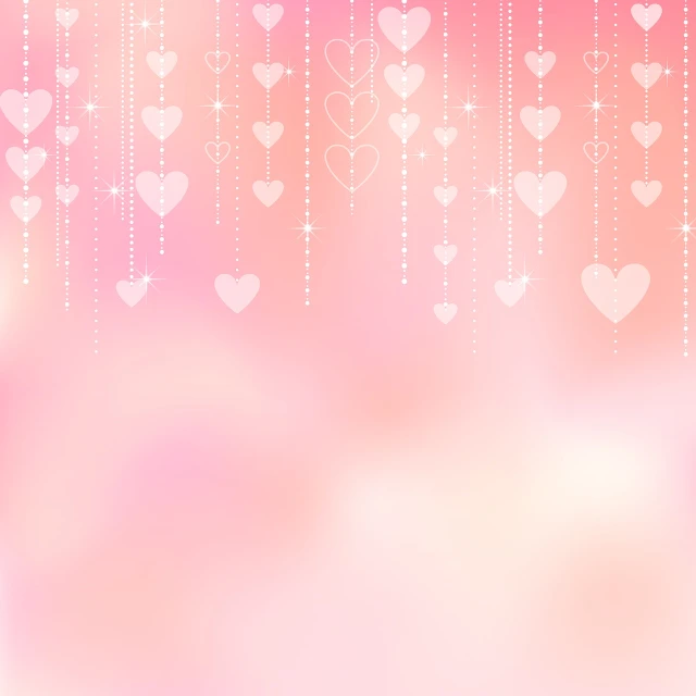 a bunch of hearts hanging from a string, by Ai-Mitsu, romanticism, pink fog background, shiny background, pearlescent white, full - length view