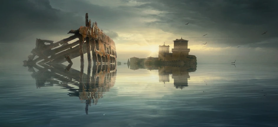 a ship sitting on top of a body of water, a detailed matte painting, inspired by Arnold Böcklin, digital art, ruins, ships, sad scene, matte painting of human mind
