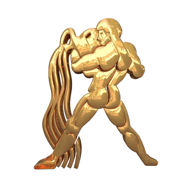 a gold statue of a man holding a baseball bat, inspired by Alexander Archipenko, zbrush central contest winner, art nouveau, gold earring, muscular men entwined together, 3d model of a japanese mascot, aquarius