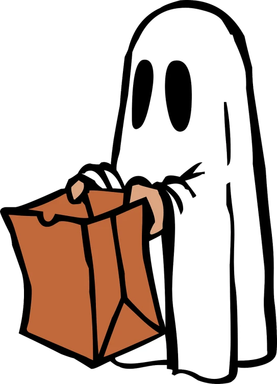 a person in a ghost costume holding a bag, a cartoon, by Pamela Drew, pixabay, halloween film, medium closeup shot, caramel, line drawn