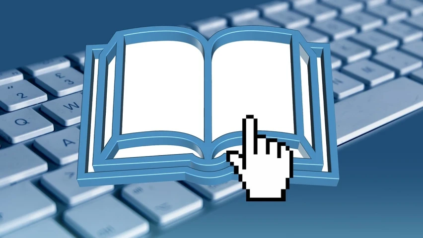 an open book sitting on top of a computer keyboard, a digital rendering, pixabay, computer art, pointing index finger, training, blue print, no text!