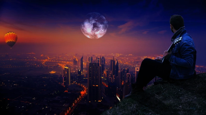 a man sitting on top of a hill next to a hot air balloon, inspired by Cyril Rolando, pexels contest winner, surrealism, the moon is big an in the city, wolf howling at full moon, sitting on a skyscraper rooftop, vertical wallpaper