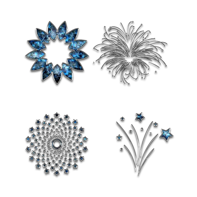 a bunch of fireworks on a black background, by Marie Bashkirtseff, digital art, carved from sapphire stone, chaumet style, four, with symbolic elements