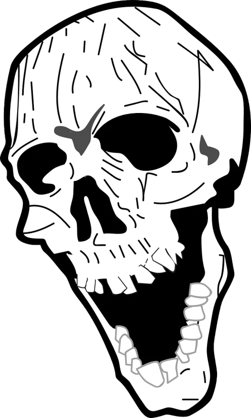 a black and white drawing of a skull, vector art, by Robert Freebairn, long open black mouth, ( ( ( skeleton ) ) ), wooden, clip art