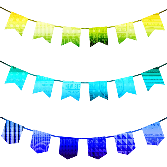 a row of multicolored bunting flags against a black background, holography, stylized layered textures, detailed string text, tech art, hasanabi