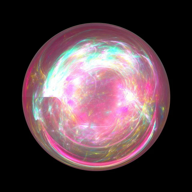a close up of a frisbee on a black background, a hologram, digital art, soap bubble, a large sphere of red energy, iridescent fractal, pink angry bubble