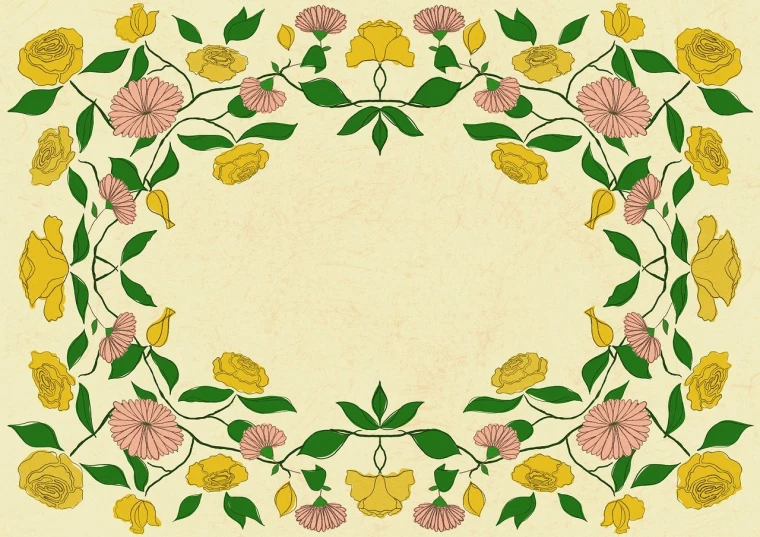 a floral frame with yellow and pink flowers, a digital rendering, inspired by Maksimilijan Vanka, art nouveau, madhubani, minimalist background, ivy vine leaf and flower top, beige background