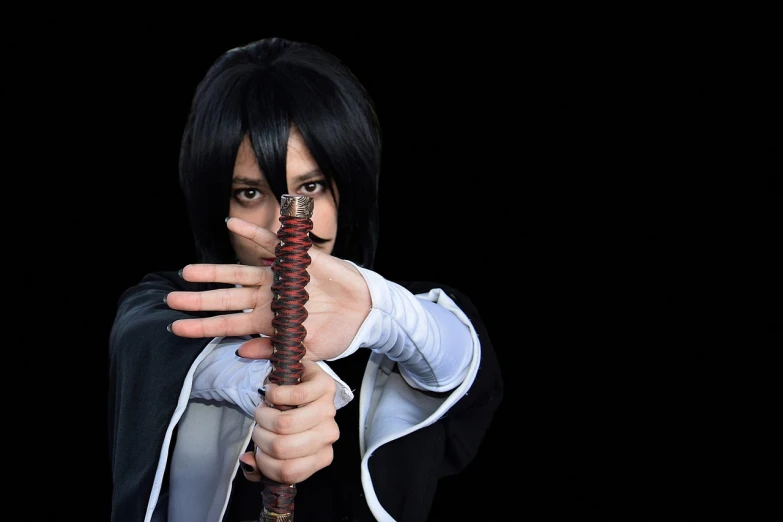 a close up of a person holding a sword, a character portrait, flickr, shin hanga, cosplay photo, sui ishida with black hair, villain pose, amusing