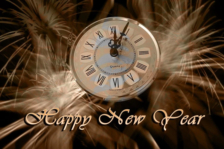 a close up of a clock with fireworks in the background, a photo, by Nancy Spero, 2 d cg, new years eve, brown, motivational