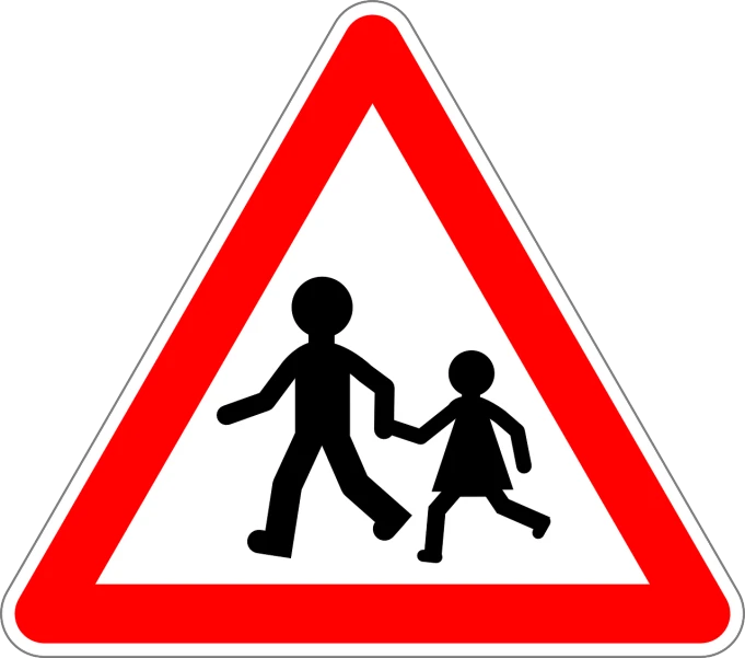 a red and white triangular sign with a picture of a man and a woman holding hands, a cartoon, by Mirko Rački, pixabay, antipodeans, kids playing, traffic, schools, danger