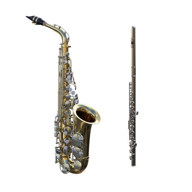 a saxophone and a flute on a black background, trending on polycount, photorealism, top and side view, highly detailed and ornated, brass equipment and computers, 3 d model