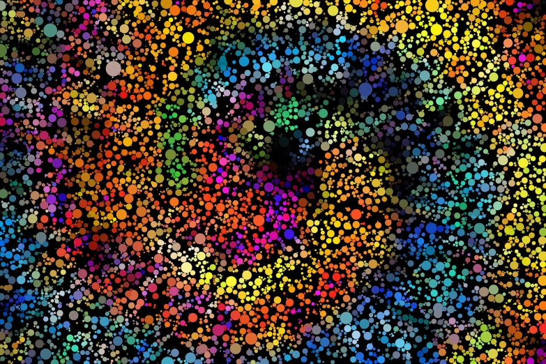 a bunch of different colored dots on a black background, pointillism, psychedelic and glittering, graffiti _ background ( smoke ), stained glass background, liquid simulation background