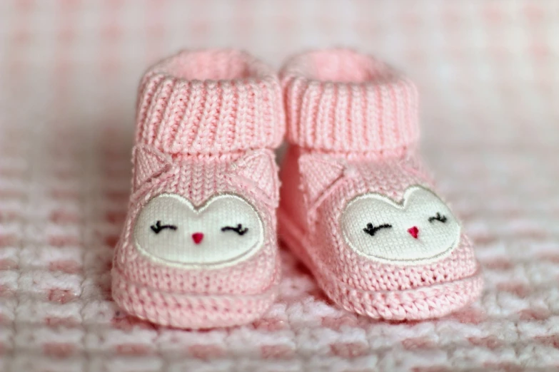 a close up of a pair of baby shoes, by Alexander Brook, pexels, pink iconic character, mittens, cute owl, third trimester