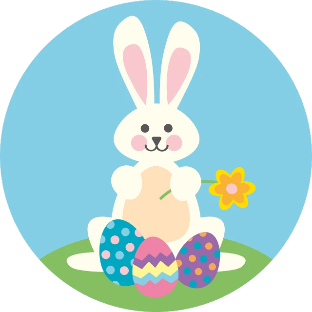 an easter bunny with an egg and a flower, vector art, by Dennis Flanders, pixabay, sōsaku hanga, round, 1 6 x 1 6, sitting, circle