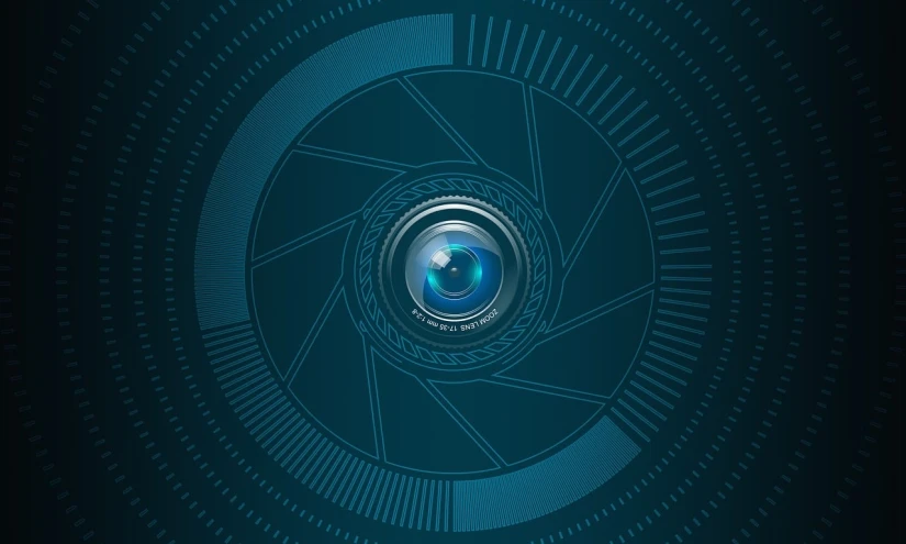 a close up of a camera lens on a blue background, digital art, shutterstock contest winner, digital art, precise! vector trace, big brother is watching you, pc screen image, sharp focus illustration