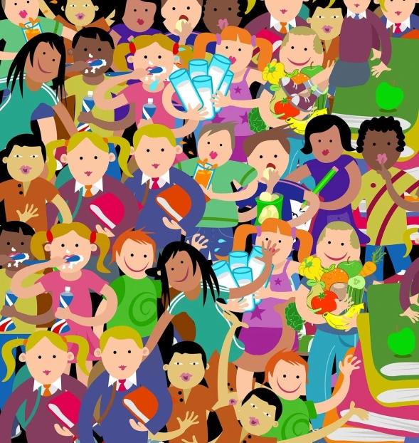 a large group of people standing next to each other, an illustration of, by Siona Shimshi, shutterstock, kids playing, waste everywhere, !!! very coherent!!! vector art, parade
