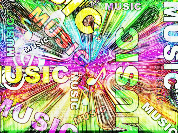 a colorful poster with the words music on it, by Mirko Rački, computer art, comic digital art, ((oversaturated)), highly detailed cover art, high end digital art