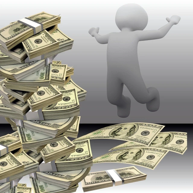 a person jumping over a pile of money, a digital rendering, basic photo, detailed zoom photo, 3 dmax, photo photo