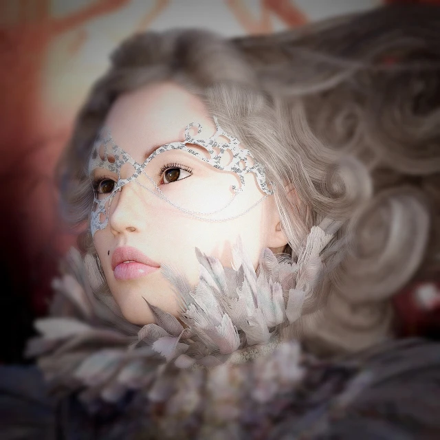 a close up of a person wearing a mask, a character portrait, inspired by Jin Nong, trending on cg society, rococo, elegant lady with alabaster skin, feathered hair, face photo