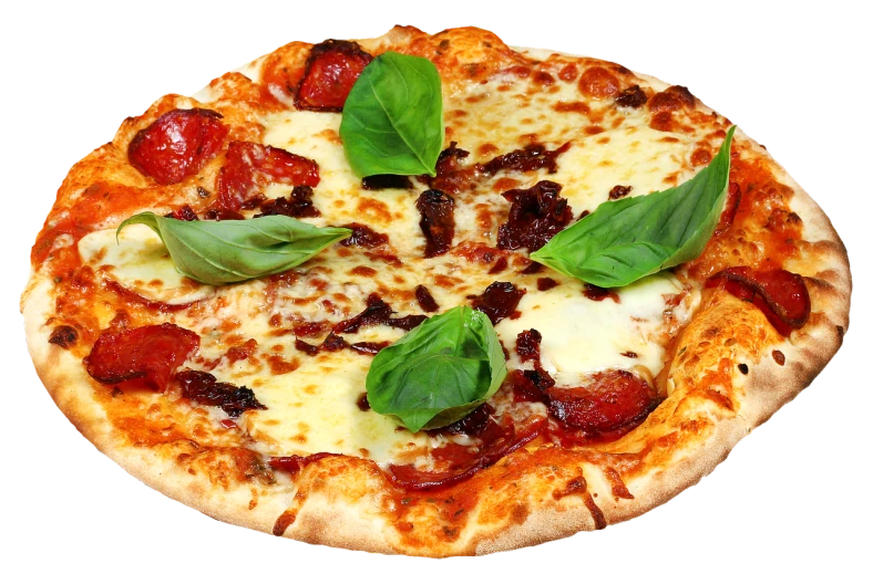 a close up of a pizza on a table, shutterstock, red and white and black colors, basil, with dramatic lighting, 1/4 profile