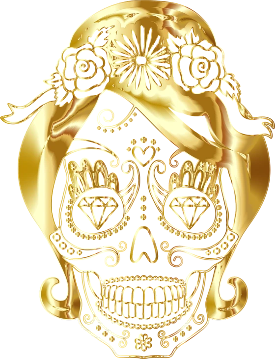 a gold sugar skull on a black background, a digital rendering, pixabay contest winner, art nouveau, rapper bling jewelry, bride, imvu, medal