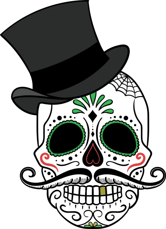 a man with a mustache and a top hat, vector art, inspired by Germán Londoño, dia de los muertos makeup, with a black background, papa legba, there is a cigar in his mouth