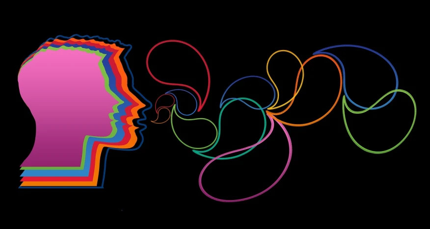 a close up of a person's head with a string in the shape of a person's head, a digital rendering, by Milton Glaser, flickr, psychedelic art, smoking a magical bong, multicoloured, kiss mouth to mouth, motion graphic