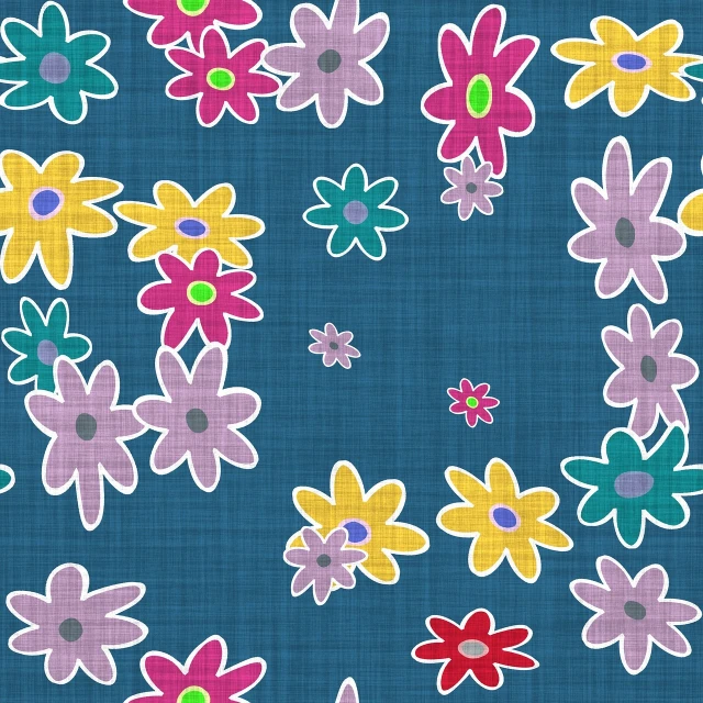 a bunch of colorful flowers on a blue background, inspired by Saitō Kiyoshi, denim, stylized material bssrdf, scribbled, children