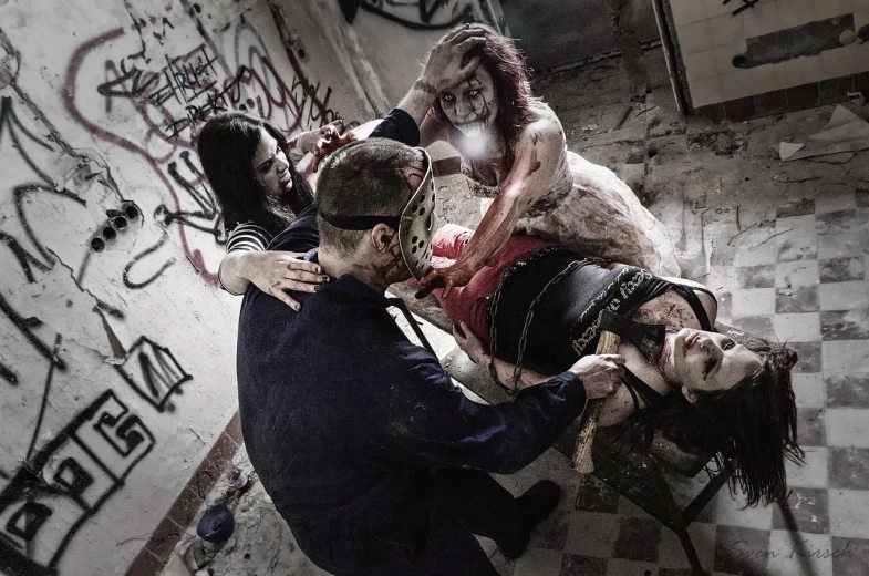 a group of people in a room with graffiti on the walls, a photo, by Micha Klein, flickr, transgressive art, zombie in horror concept art, prosthetic makeup, close-up fight, sharpened