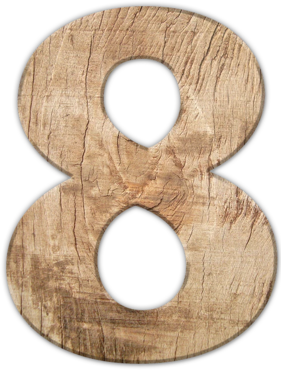 a wooden number eight on a black background, a stock photo, by Edward Corbett, pixabay, hurufiyya, battered, 19th-century, isolated on white background, 8 feet fall