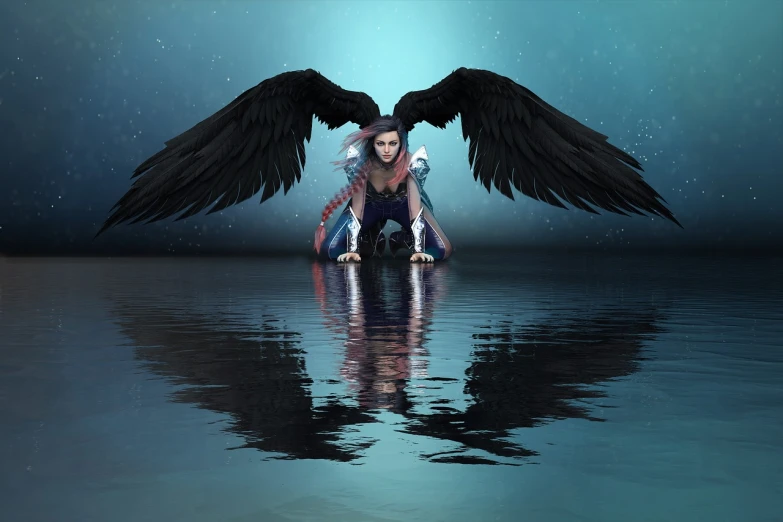 a woman sitting on top of a body of water, a 3D render, by Marie Angel, pixabay contest winner, villainess has black angel wings, kneeling at the shiny floor, realistic reflection, high quality fantasy stock photo