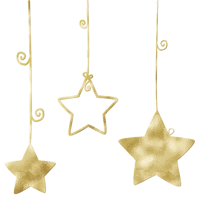 three gold stars hanging from strings on a black background, a digital rendering, by Linda Sutton, tumblr, folk art, filigree ornaments, enhanced photo, santa, beginner art