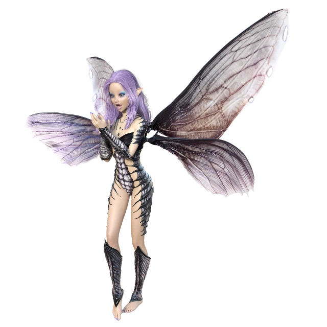 a woman dressed as a fairy standing in front of a black background, a digital rendering, high detail character models, purple leather wings, fbx, silver insect legs