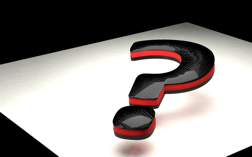 a black and red question mark on a white surface, a 3D render, trending on pixabay, digital art, carbon fiber, on a flat color black background, an scp anomalous object, sitting down