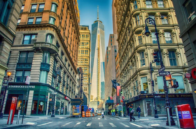 a city street filled with lots of tall buildings, by Richard Carline, postprocessed, ny, iconic, trinity