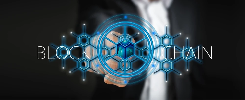 a man in a suit holding a blue blockchain, a digital rendering, shutterstock, cryogenic pods, mechanisms, son, hive