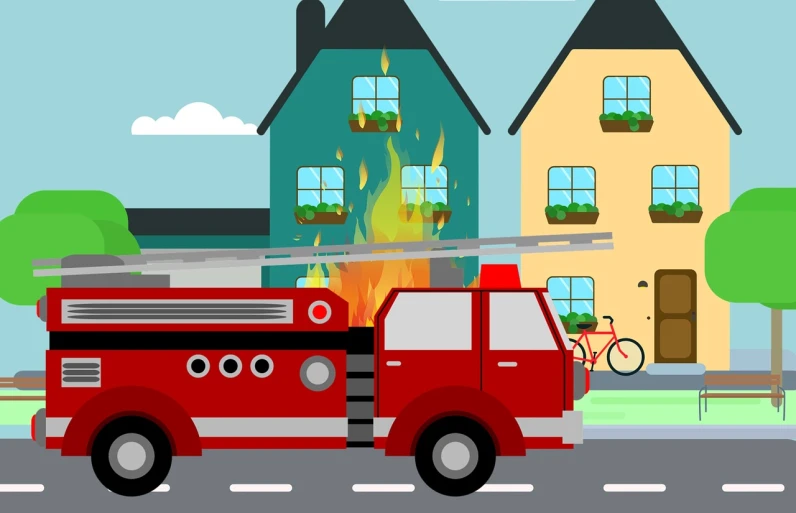 a red fire truck parked in front of a house, a screenshot, by Carey Morris, shutterstock, naive art, rubber hose animation, vehicles on fire, clean lineart and flat color, damage