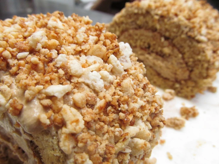 a close up of a piece of cake on a plate, by Steven Belledin, flickr, voluptuous sesame seed bun, file photo, peruvian, nut