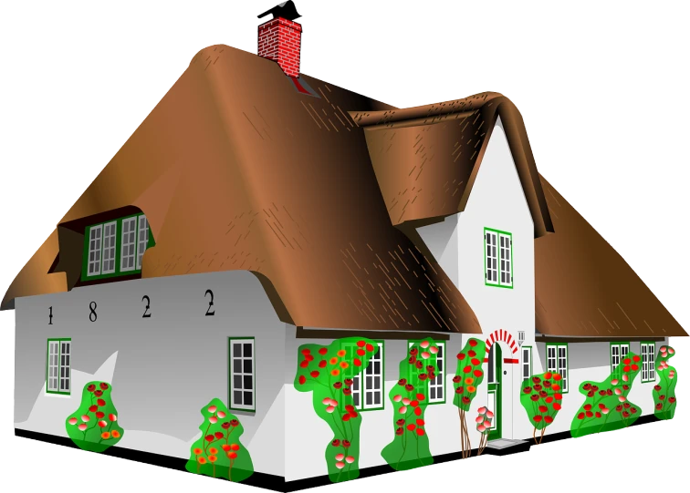 a drawing of a house with a thatched roof, a digital rendering, pixabay, flowery cottage, wikihow illustration, 3/4 view from below, high detail illustration