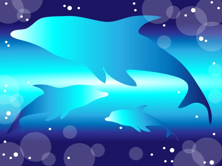 a couple of dolphins are swimming in the ocean, an illustration of, art deco, beautiful blue lights, family photo, smooth gradation, wallpaper!