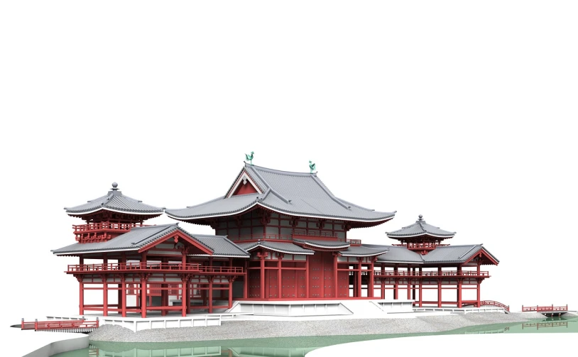 a large red building sitting next to a body of water, a 3D render, inspired by Torii Kiyomitsu, shin hanga, ornate palace made of green, raytraced 3d set design, many buildings, high res render