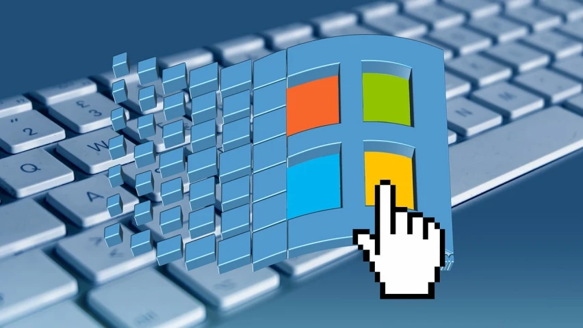 a close up of a keyboard with a mouse on it, a screenshot, by Karl Ballmer, computer art, windows xp background, with pointing finger, open windows, with a blue background