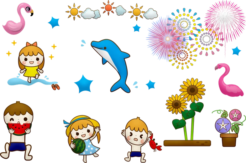 a group of children standing next to each other, a picture, by Nishida Shun'ei, naive art, firework, dolphin, high definition screenshot, sticker illustration