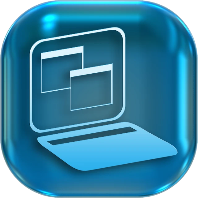 a blue button with a laptop on it, a computer rendering, by Tom Carapic, pixabay, computer art, blue transparent jelly, mirroring, document photo, everything fits on the screen