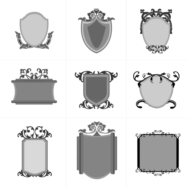 a bunch of different types of shields on a black background, polycount, baroque, baroque frame border, image dataset, silver insignia, signboards