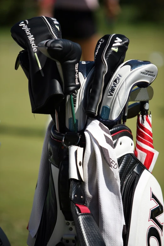 a bunch of golf clubs sitting on top of a green field, a picture, flickr, shin hanga, bag, upper body close - up, yuya nagai, by joseph binder