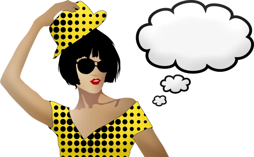 a woman in a yellow polka dot dress with a thought bubble above her head, vector art, inspired by Lichtenstein, pop art, wearing sunglasses and a hat, clouds of vivid horse-hair wigs, woman with black hair, top secret style photo