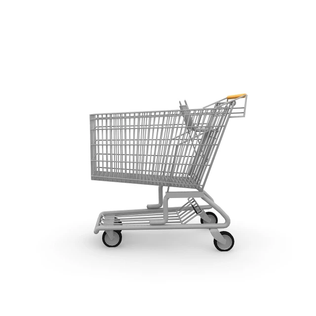 an empty shopping cart on a white background, a digital rendering, by Jakob Gauermann, octanerender, left profile, ground level shot, mango